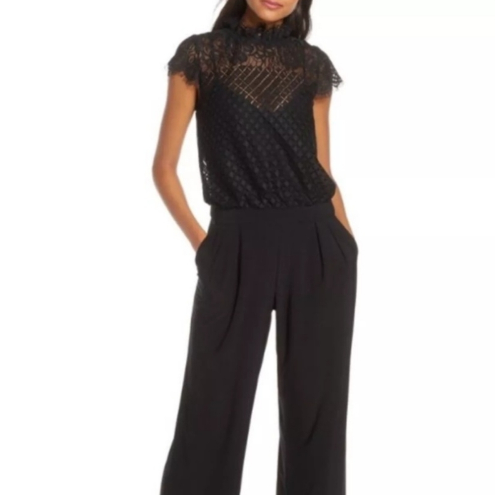 Julia Jordan Black Lace Blouson Jumpsuit Straight Wide Leg Illusion Neck